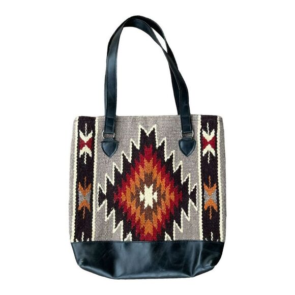 Southwestern Tote Bag Black and Cream Unisex Adults with Vegan Leather Strap - Picture 1 of 8